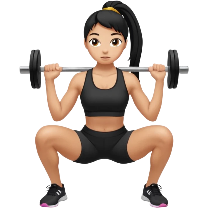 Women with long black ponytail doing a squat with no weights emoji