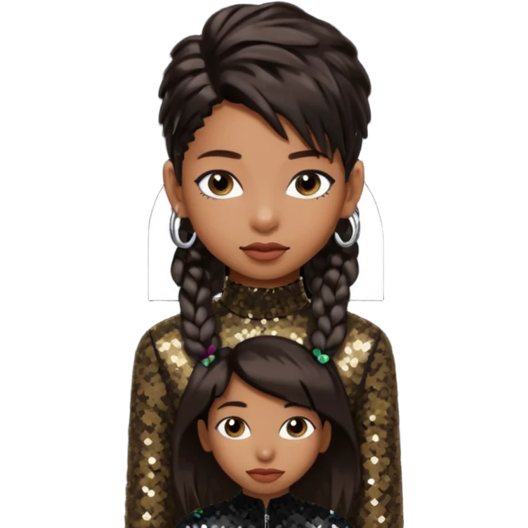 Willow Smith with long dark brown hair, dark brown sequin outfit emoji