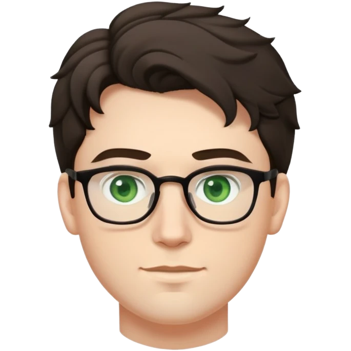 young man with pale skin, larger face, dark tall voluminous slightly wavy hair styled up high on head but not curly, wearing glasses with green eyes and very light stubble, with a slight smile emoji