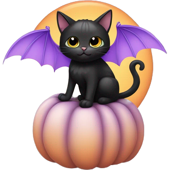 Cute black cat with bat wings sitting on a pumpkin holding a pastel Purple Heart emoji