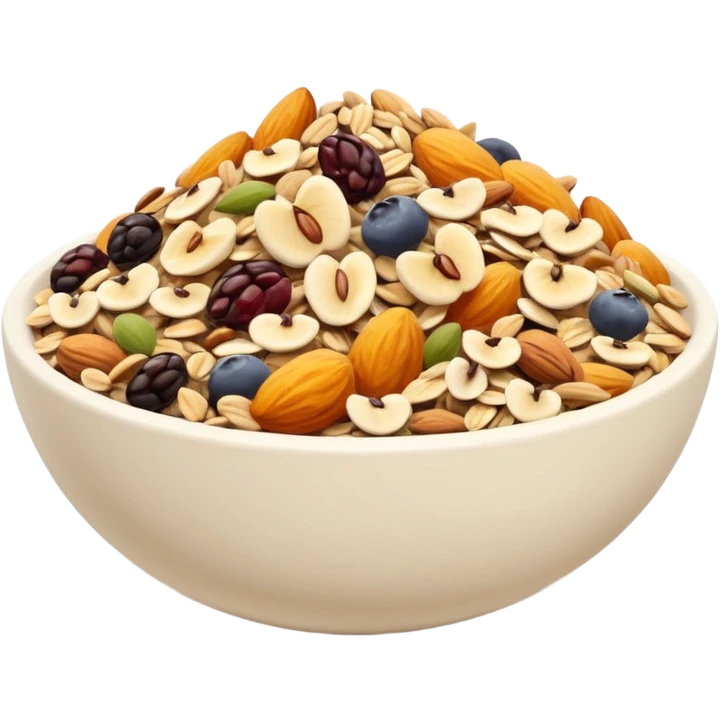apple style emoji loose pile of muesli, visible oats, dried fruits, nuts, seeds, natural colors, 3D clean minimal soft shadows, no anthropomorphic elements, no milk, no yogurt, no spoon, transparent background, emoji scale emoji