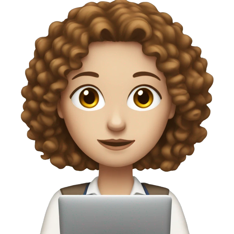 White women with the brown curly hair and blue eyes work at the laptop  emoji