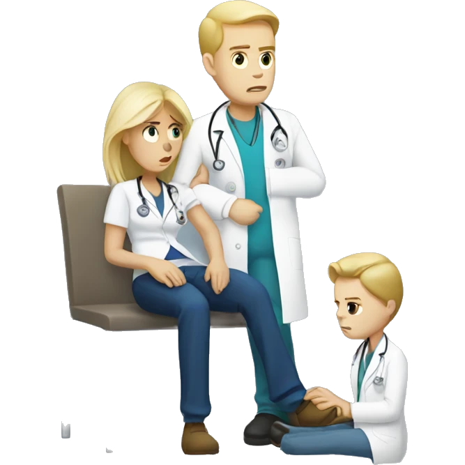 Scared white male patient with a blonde female doctor examining his foot emoji