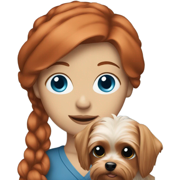 a red headed, blue eyed white woman holding a yorkie emoji