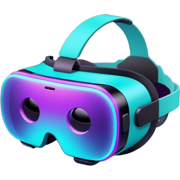 Futuristic glowing VR headset, full visor, immersive design, purple and cyan neon glow, dark background, digital tech style, no face. emoji