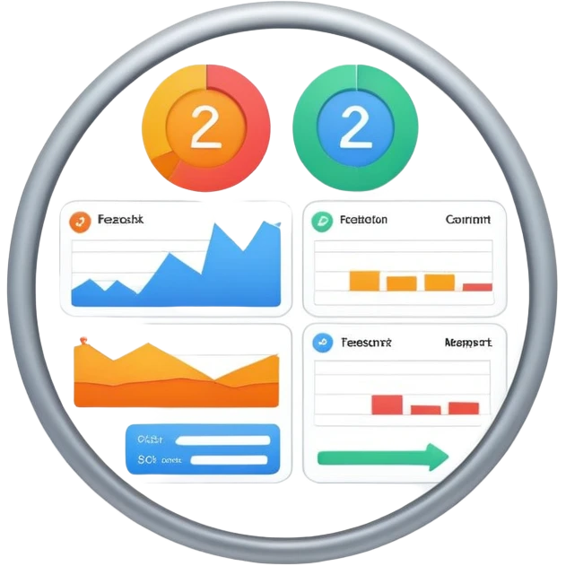 Organizational management system with feedback mechanisms, dashboard with arrows showing information flow, circular process with reports and comments emoji