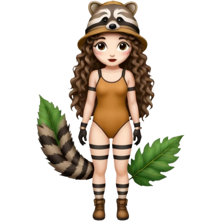 full body woman long curly brown hair brown eyes white skin tattoos wearing raccoon hat and striped leaf bodysuit emoji