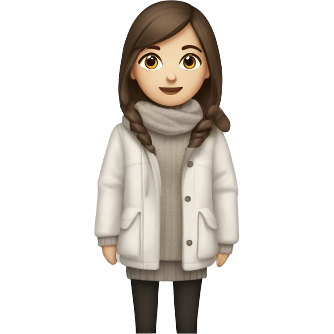 white girl with straight brown hair and black eyes wearing a white and brown winter outfit emoji