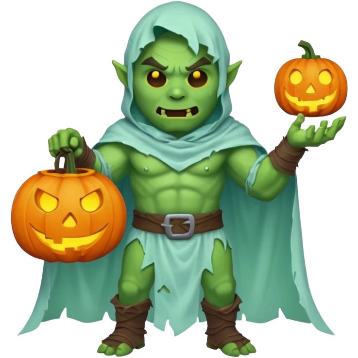male orc warrior ghost emoji, green skin, wearing torn white ghost sheet costume, holding glowing jack-o'-lantern, faint blue aura, friendly but spooky expression, Halloween fantasy theme, Apple emoji style, clean white background, square emoji