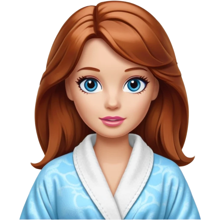 Barbie's face eyes blue with shoulder-length reddish-brown hair, makeup, cream smeared on her face , in a bathrobe with emoji