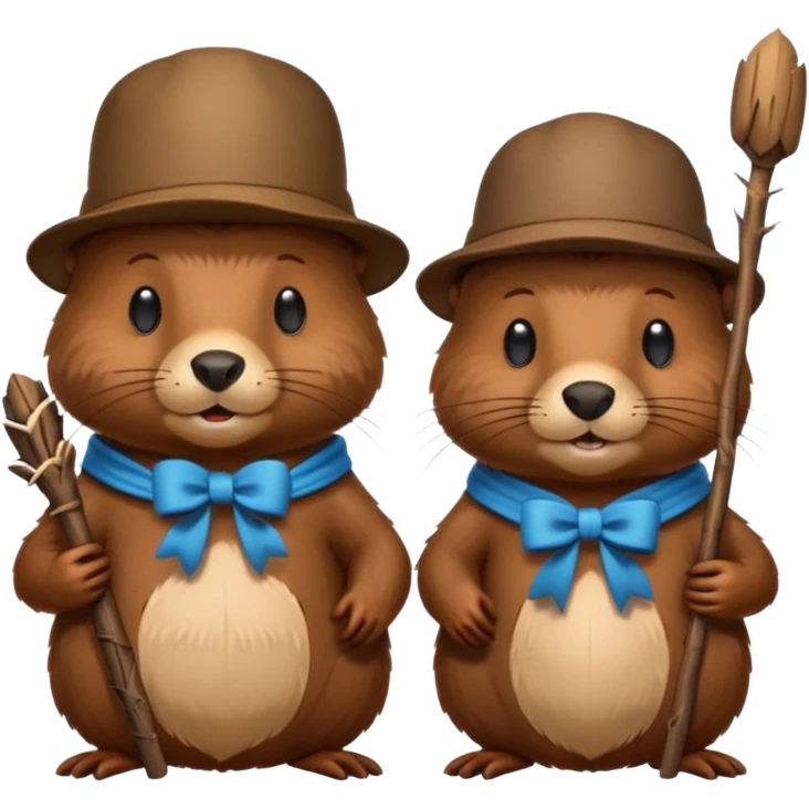 add a bow on the head of one beaver with another beaver without a bow on its head in a lodge of sticks and logs emoji
