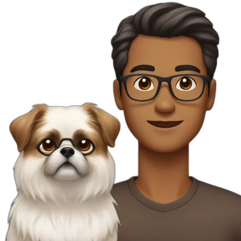 Young man with brown pompadour and glasses with white and brown Pekingese dog emoji