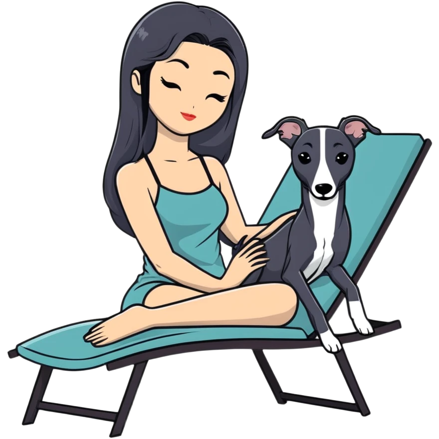Very thin Chinese woman with long black hair relaxing on a spa lounger with exactly ONE whippet dog. CRITICAL REQUIREMENT: the whippet must be ONE SOLID VERY DARK CHARCOAL GREY (almost black-grey) COLOR from nose to tail with NO WHITE or LIGHT AREAS anywhere - NO white face, NO white muzzle, NO white chest, NO white paws, NO white tail tip - NOTHING BUT A SINGLE SHADE OF VERY DARK GREY throughout the entire animal emoji