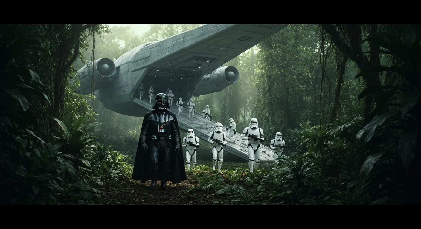 cinematic still, Medium shot, amazon jungle, Darth Vader around stormtroopers coming out from starship on ground, they are exploring the jungle, inspired by StarWars movie, captured by arri alexa emoji