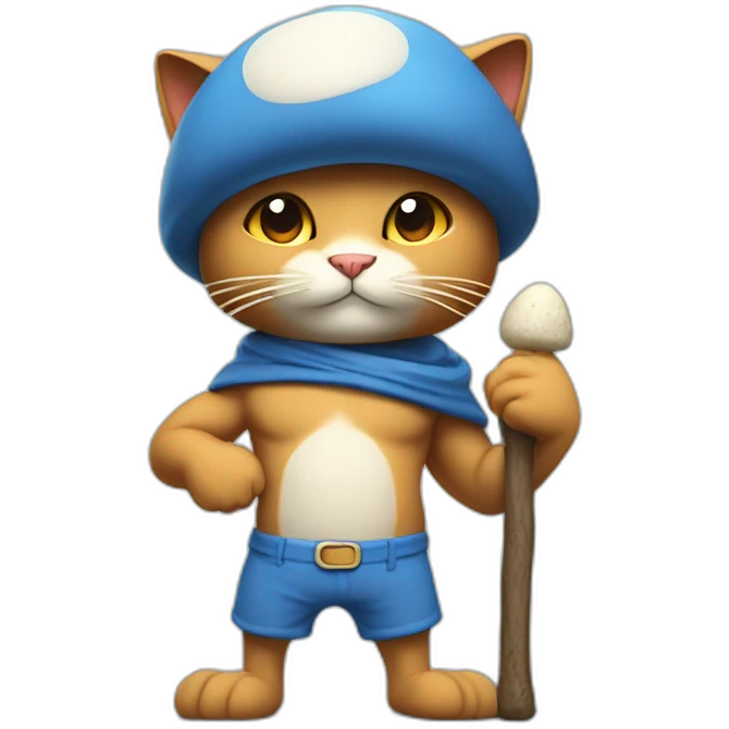 Strong muscles BLUE cat NO ears  wearing a mushroom cap carrying a stick in one arm standing on two legs with pants emoji