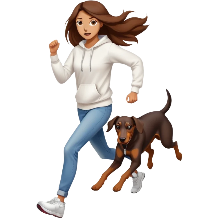 A beautiful girl with long hair wearing a white sweatshirt and jeans is running with a Doberman emoji