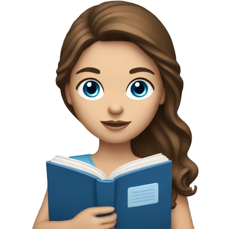 White skin woman with long brown hair, blue eyes, reading a book emoji