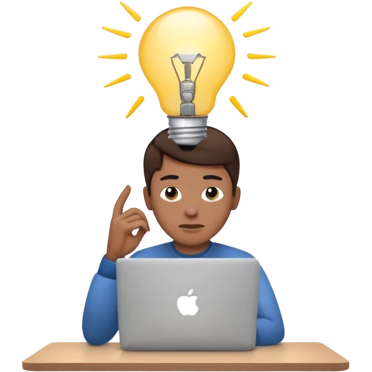 Like a cartoon working with a computer (macbook, showing the apple logo) thinking and a light bulb above his head while he thinks emoji