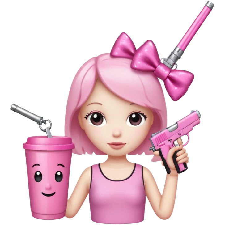 Minimalist stick figure with a cute pink aesthetic. It has a sparkly pink bow on its head, a pink gun keychain hanging nearby, and is holding a large pink tumbler cup. The background is simple white with a soft shadow for a clean look. emoji