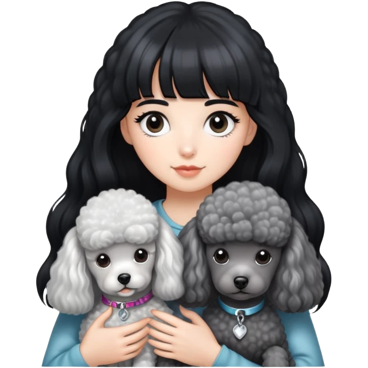 A girl with long black hair and airy bangs, fair skin, holding a silver-gray poodle with white fur on its chest. The poodle has a round head with its ears hidden within its fur. emoji