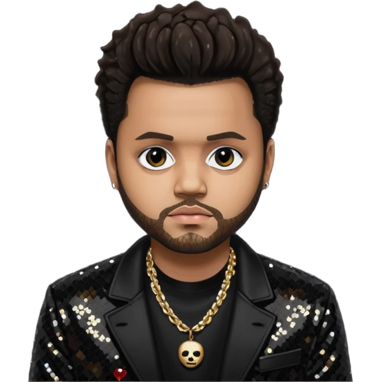 The Weeknd with black sequin jacket, black shirt with necklace, dark brown hair emoji
