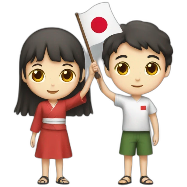 boy and girl holding Japanese flag emoji