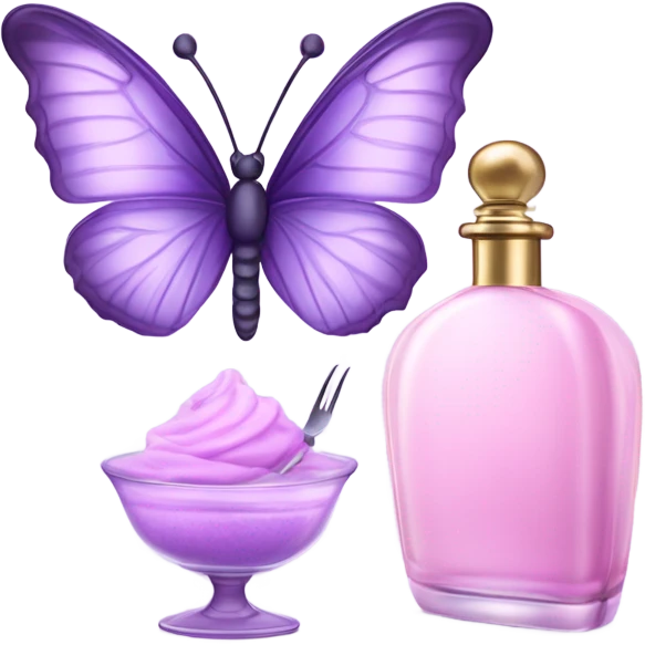 pastel violet butterfly resting on an elegant lavender perfume bottle with fork pink details. emoji