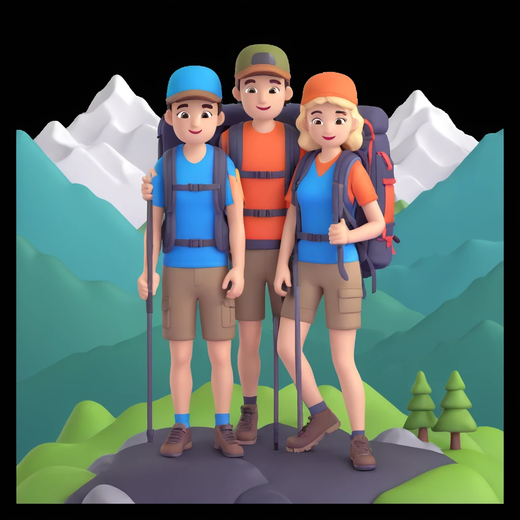 back packer couple posing, mountains in background,   close up pose emoji