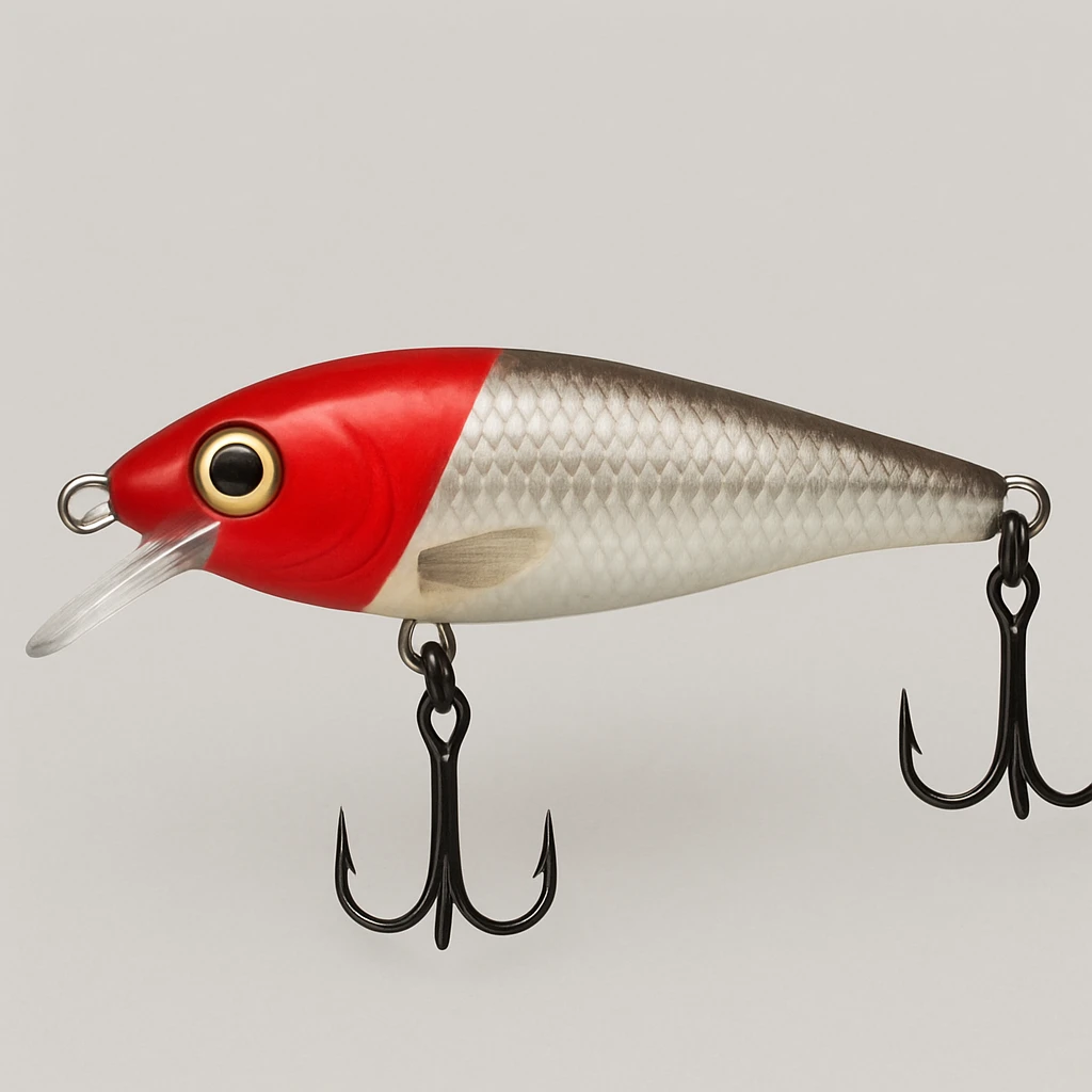 Edit the image of a Rapala fishing lure in side view to have the redhead colorway, featuring red head and natural fish body colors. emoji
