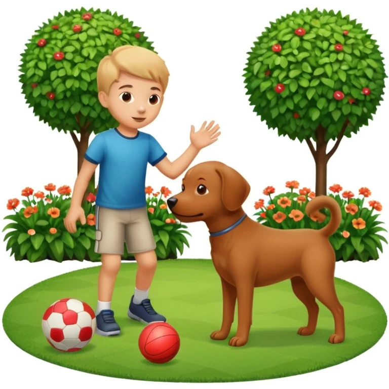 kid and dog playing with ball, garden background emoji