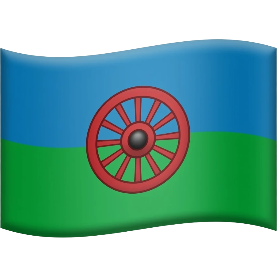 Drapeau bleu en haut vert en bas avec une roue de roulotte a dix-huit rayons de roulotte rouge au centre emoji