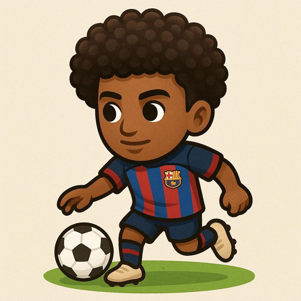 Add afro hair to Raphinha, Barcelona football player, dribbling a football, wearing Barcelona kit. The style should resemble emoji style. emoji