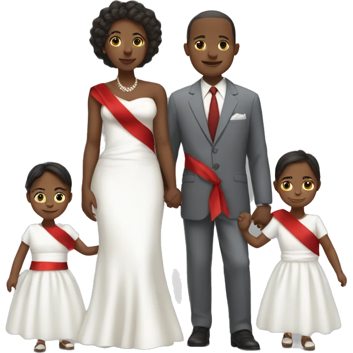 African american woman with white dress and red sash holding hands with 2 sons in suits and 2 daughters in white dresses emoji