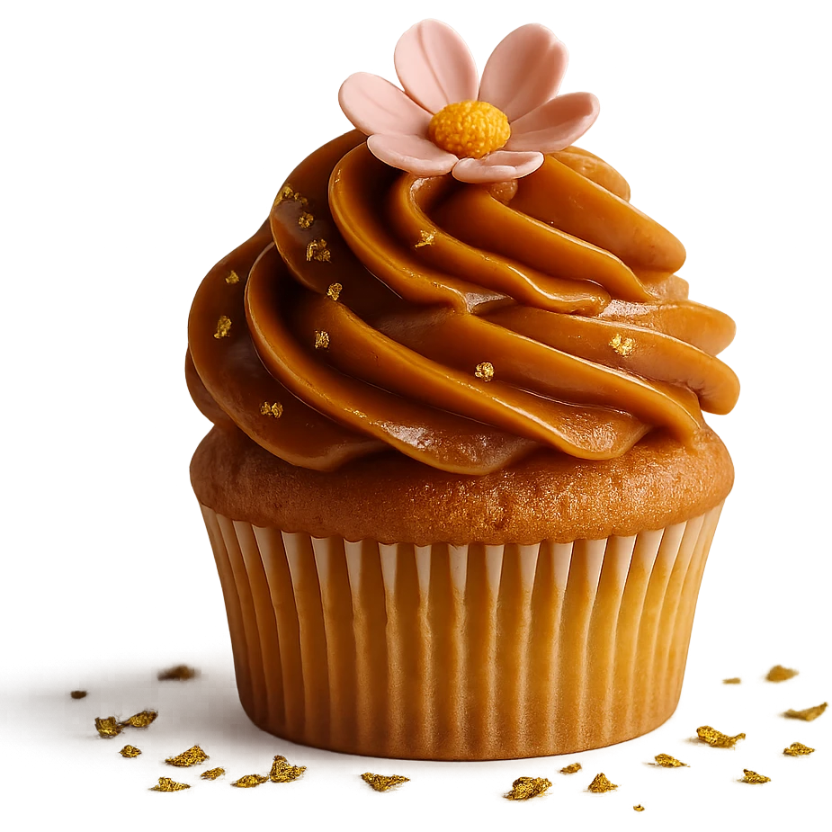 Change the icing to caramel, keep the realistic cupcake and accessories, photorealistic style, transparent background. emoji