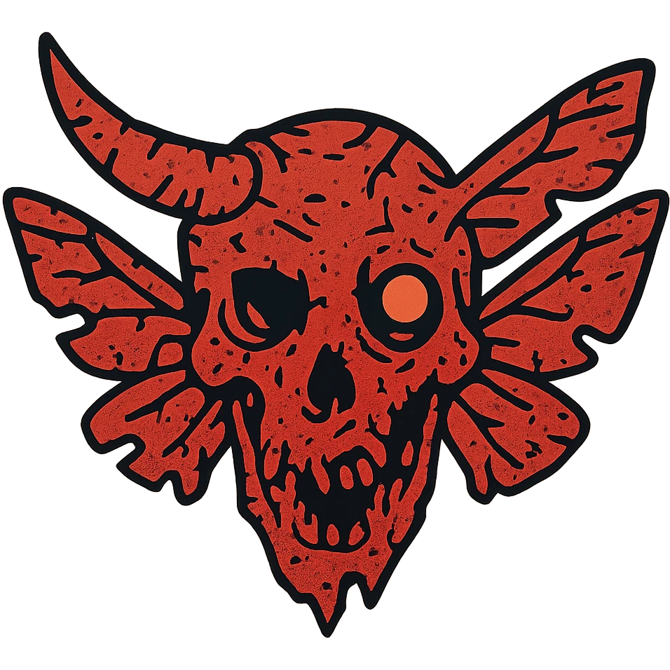 highly detailed but heavily weathered red horror icon of distorted minotaur-stoat skull fusion with broken horn and glowing eye, intricate moth wings, severely damaged with extensive scratches, torn sections, and partial deterioration, twisted and asymmetrical features, detailed bone texture where visible, some transparent areas but much more line detail, nightmarish and ancient appearance, 100% red emoji