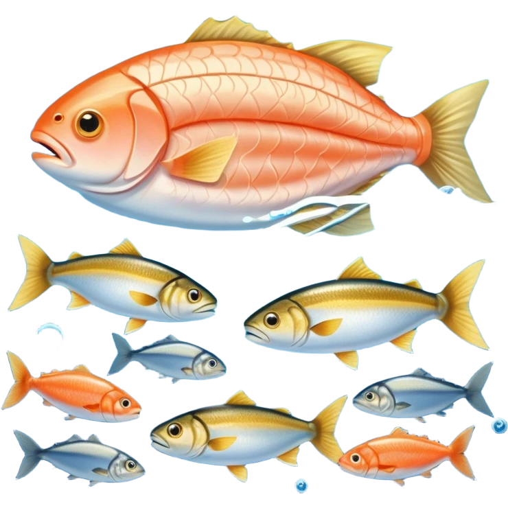 Golden omega-3 capsule beside several fatty fish (salmon, sardines), walnuts, and green leafy vegetables, all floating in blue waters near a glowing brain. Blue waves connect these omega-rich foods to the brain and heart, showing their health benefits. emoji