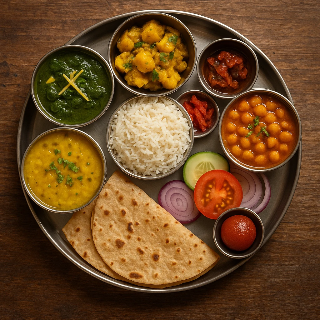 an Indian thali with various vegetarian dishes, neatly arranged on a round metal plate emoji