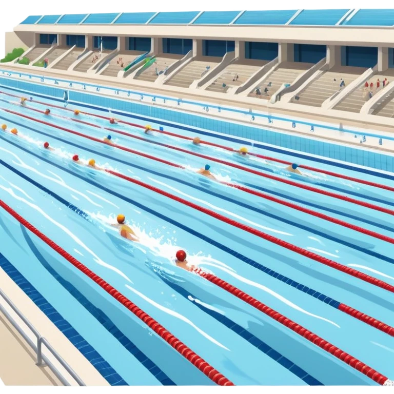 An icon featuring an Olympic swimming pool with multiple lanes and swimmers racing side by side. Splashes and lane dividers highlight the competition atmosphere. Transparent background emphasizes the energy, speed, and intensity of professional swimming events. emoji