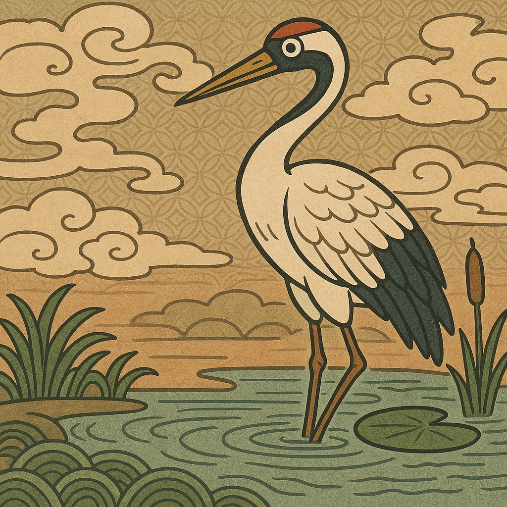 crane bird standing in a pond, ukiyo-e style illustration emoji