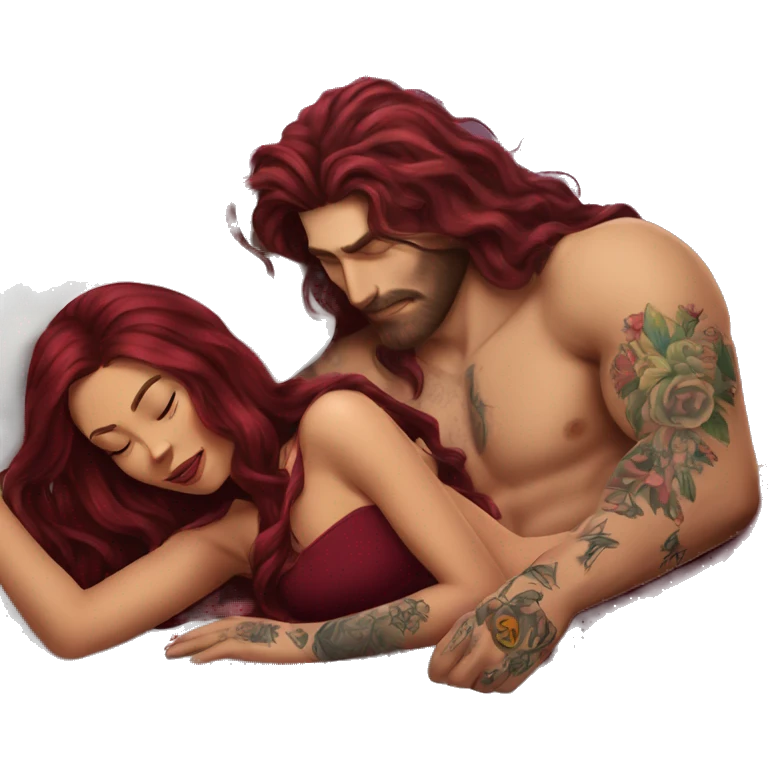 Beautiful tattooed burgundy long haired woman laying on the boyfriends chest emoji