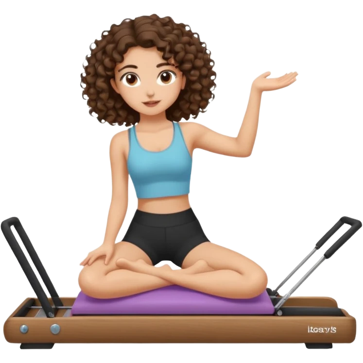 brunette,curly hair shoulder lenght,turkish 3b girl doing reformer pilates with cute set, emoji