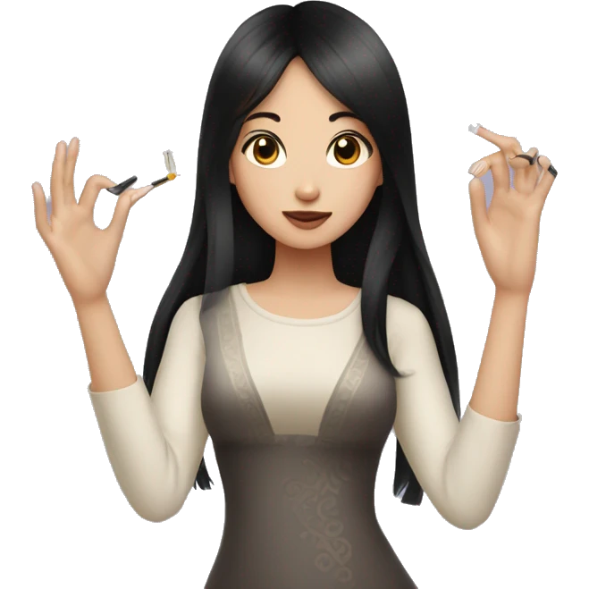 Asian girl with long black hair and side swept bangs doing her long nails emoji