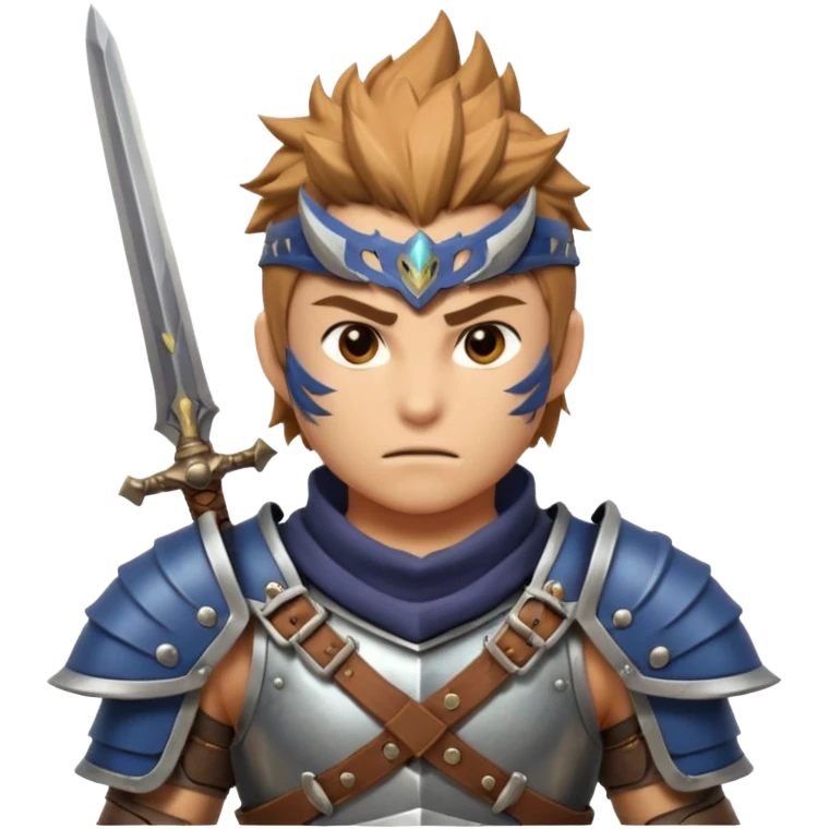 fantastic monster hunter warrior portrait, head and shoulders only, metal shoulder armor, sword strap visible, battle-worn look, intense expression, 3D cartoon, mobile game icon style, clean background, no text, no watermark
 emoji