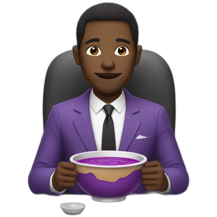 Black man in a purple suit eating purple soup emoji