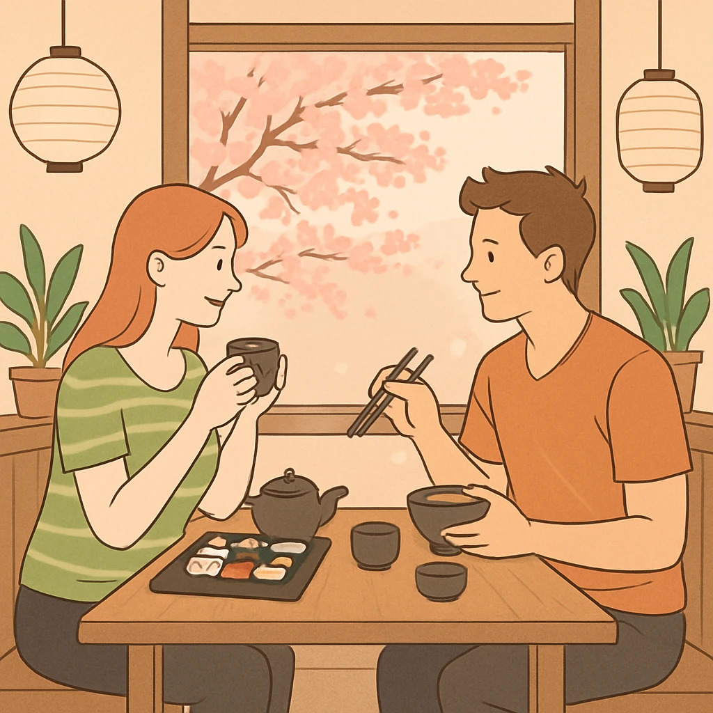 A man and woman sitting across from each other at a small wooden table in a cozy Japanese cafe. They are enjoying traditional Japanese food and tea. The cafe has minimalist decor with paper lanterns, plants, and a view of cherry blossoms outside the window. emoji