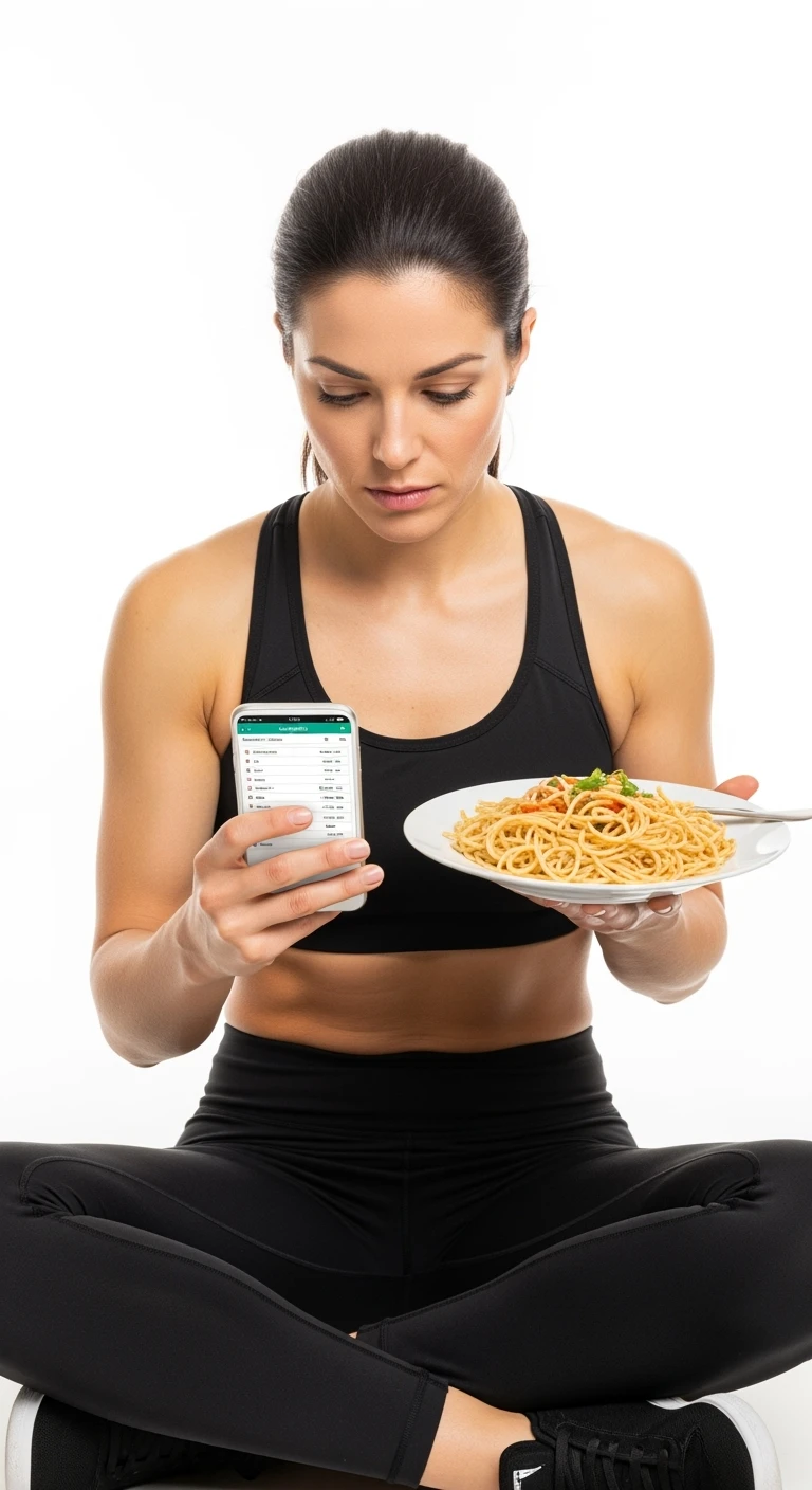donna fitness che calcola ossessivamente le calorie di quello che sta mangiando: in mano ha un piatto di pasta e nell'altra mano ha lo smartphone per segnare tutti gli alimenti, sfondo bianco emoji