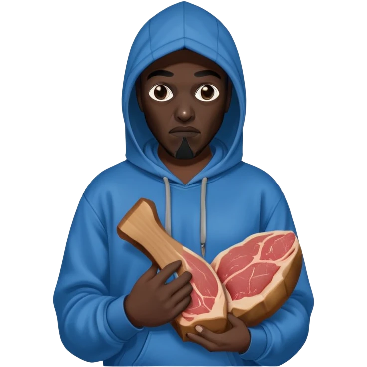MF DOOM in a blue hoodie holding a piece of meat emoji