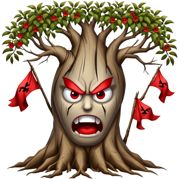 roots with red flags on the tips, tree, angry faces hanging on the tips of the tree branches emoji