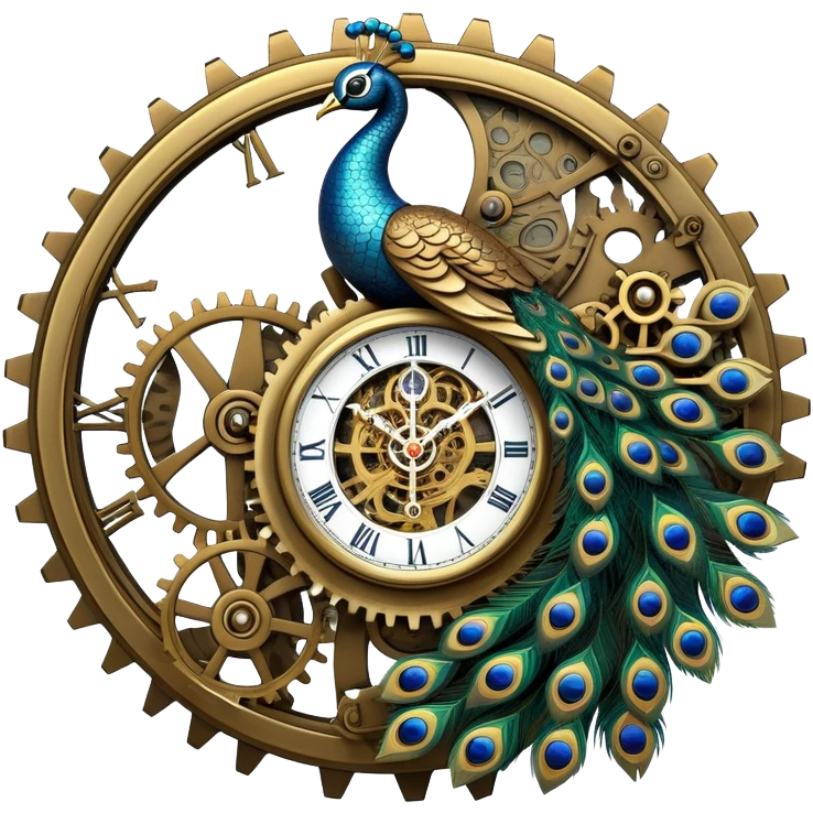  A mechanical peacock with gears visible beneath brass plating and a tail that unfolds into an elaborate display of ticking clock faces and spinning cogs. emoji