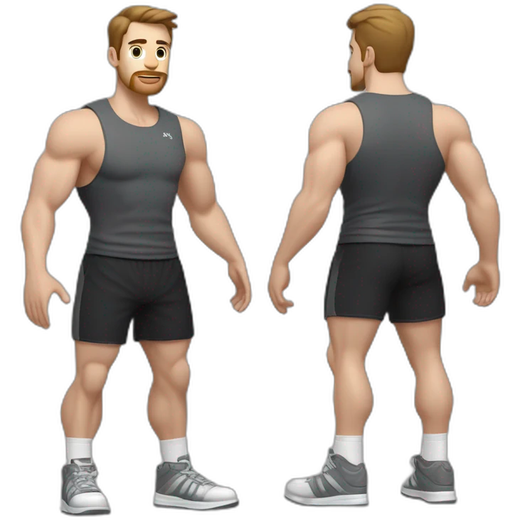 Full height Actively gesturing with hands Pale skinned Fit Man With the biceps and brown hair in dark gray Sleeveless Mike, black oversize sports shorts and white Sneakers emoji